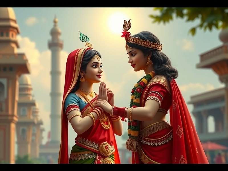 Radha Krishna Eternal Bond game screenshot showing divine couple in Vrindavan